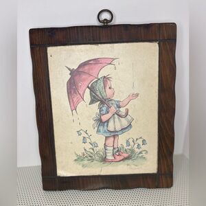 Vintage Wall Art Plaque girl with umbrella